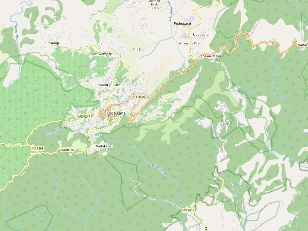 Map showing SkyGrove in the hills south-east of Kodaikanal town